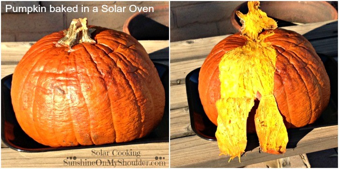 Whole baked pumpkin in a solar oven.