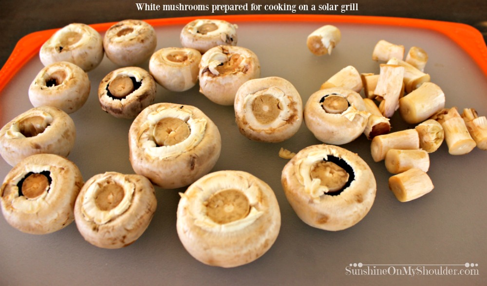 Sauteed Mushrooms being prepared for cooking on a solar grill.